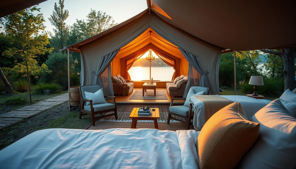 Komfortable Glamping Unterkunft mit Betten und Ausstattung