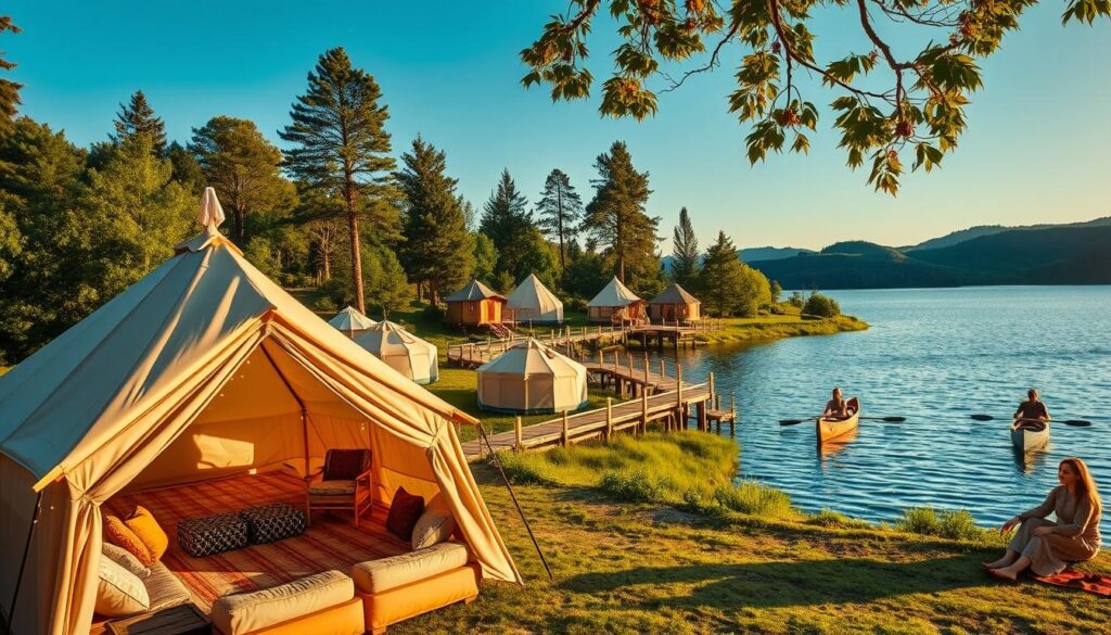 Verschiedene Glamping Unterkünfte am See