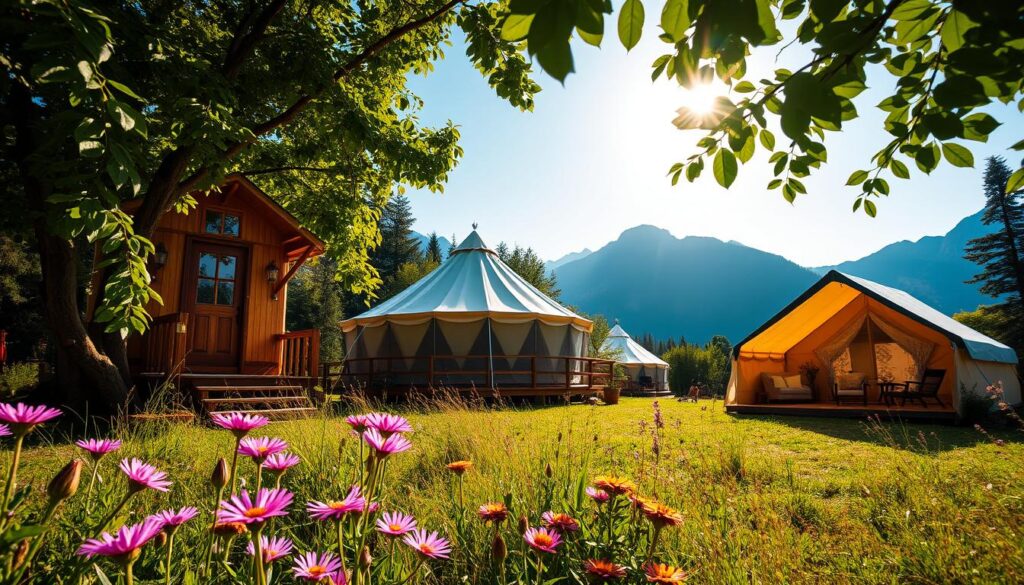 Verschiedene Glamping Unterkünfte in natürlicher Umgebung